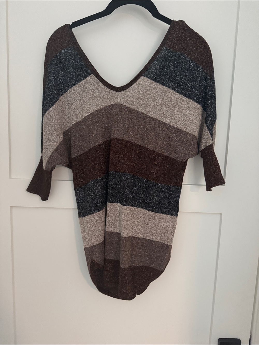Express Women's V-Neck Striped Metallic Knit Sweater - Brown, Gray, Cream